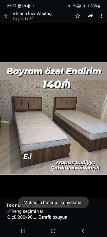 matras sifarisi: *Tək nəfərlik Çarpayı 140AZN💥* ✔️Rəng seçimi var Ölçü 200x90 — 2