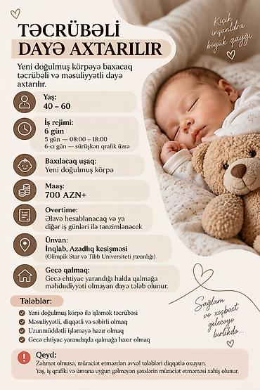 evde daye: 🍼 TƏCRÜBƏLİ DAYƏ AXTARILIR Yeni doğulmuş körpəyə baxacaq təcrübəli və — 1