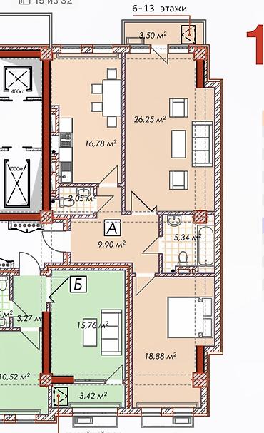 кызыл аскерская: 2 комнаты, 83 м², Асанбай мкр Элитка, 9 этаж, ПСО (под самоотделку) — 2