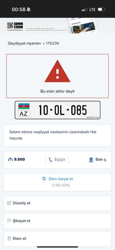 Azərbaycan Respublikasına məxsus 10-OL-085 seriyalı dövlət nömrə