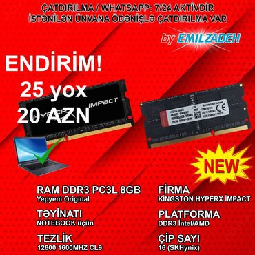 Operativ yaddaş (RAM): Operativ yaddaş (RAM) HyperX, 8 GB, 1600 Mhz, DDR3, Noutbuk üçün, Yeni