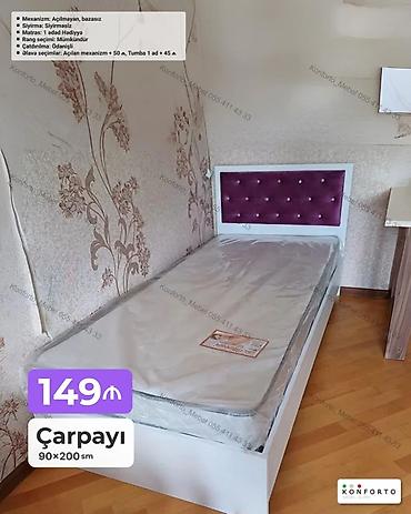 Çarpayı – 90×200 sm - Başlıq: ağ korpus, bənövşəyi düyməli yumşaq