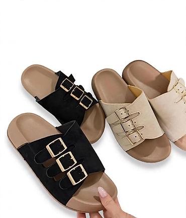 air green: Ženske papuče sa tri kaiša i metalnim kopčama - Dizajn: slip-on — 1