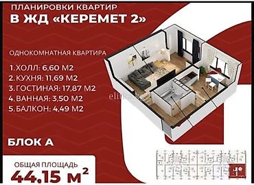 залог квартира: 1 комната, 44 м², Элитка, 3 этаж, ПСО (под самоотделку) — 8