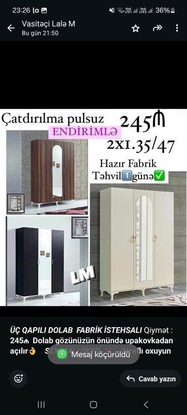 Sifarişlə dolablar: _*üç qapili dolab*_ _*fabri̇k i̇stehsali*_ qiymət : *245₼* *dolab