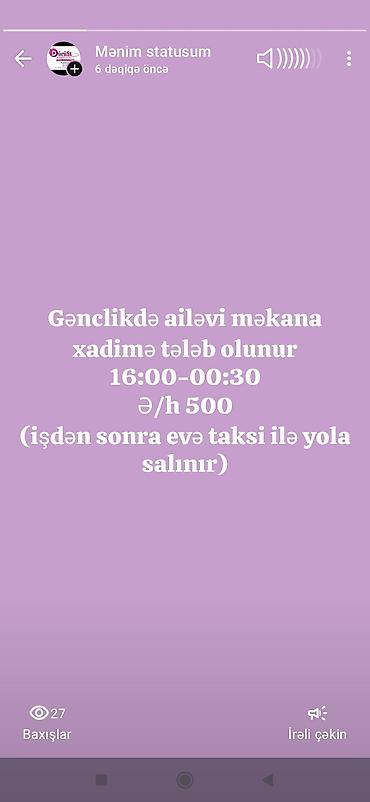 restoran: Xadimə tələb olunur, Gecə növbəsində iş, Aylıq ödəniş — 1