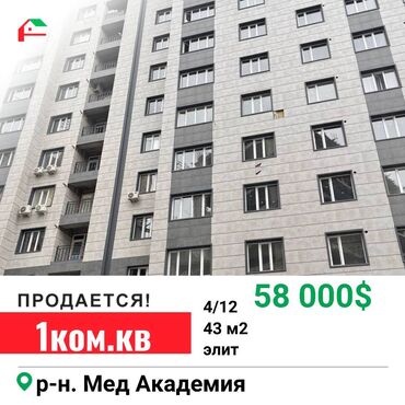 продаю квартира ихлас акунбаева чапаева: 1 комната, 43 м², Элитка, 4 этаж, Евроремонт