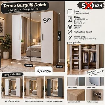 Termo Güzgülü Dolab - 4 qapı (2 qapı termo güzgülü) - Ölçülər