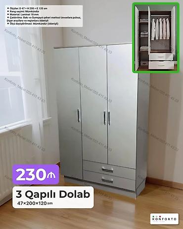 Mebel: 3 qapılı geyim dolabı Ölçülər: D 47 × H 200 × E 120 sm (47×200×120 — 1