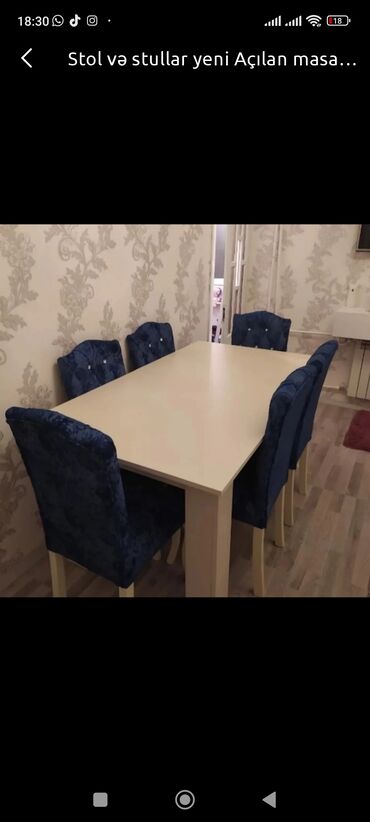 masa desdi: Qonaq otağı üçün, Yeni, Açılmayan, Dördbucaq masa, 6 stul, Azərbaycan