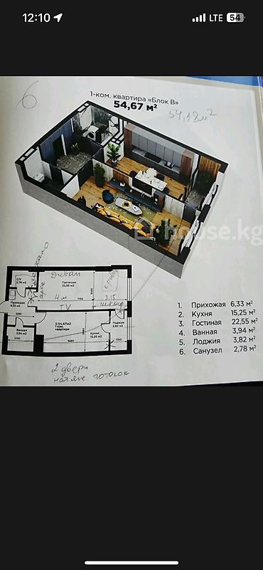Продажа квартир: 2 комнаты, 54 м², Джальская больница Элитка, 4 этаж, ПСО (под самоотделку) — 3