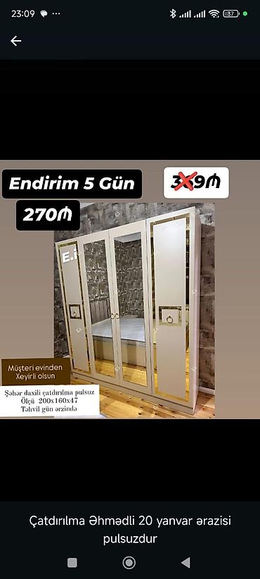 sar dekor: Güzgülü paltar dolabı – 4 qapılı model - Ölçü: 200×160×47 sm - Rəng — 1