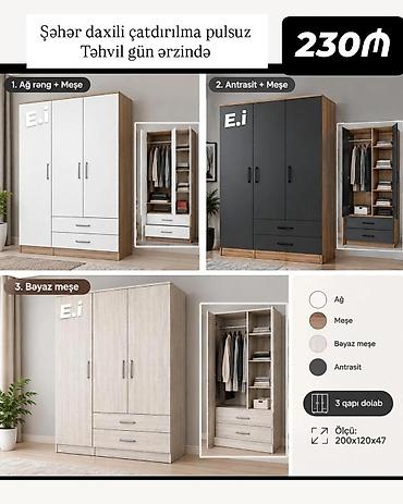 Dolablar: 3 qapılı paltar dolabı - Ölçü: 200 x 120 x 47 sm - Daxili quruluş: 1 — 2