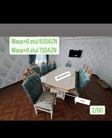Masa və oturacaq dəstləri: Qonaq otağı üçün, Yeni, Açılmayan, Dördbucaq masa, 6 stul — 10
