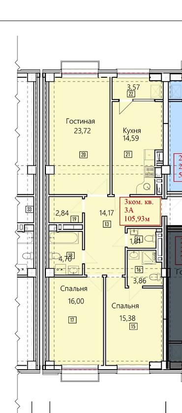 14: 3 комнаты, 105 м², Элитка, 14 этаж, ПСО (под самоотделку) — 2