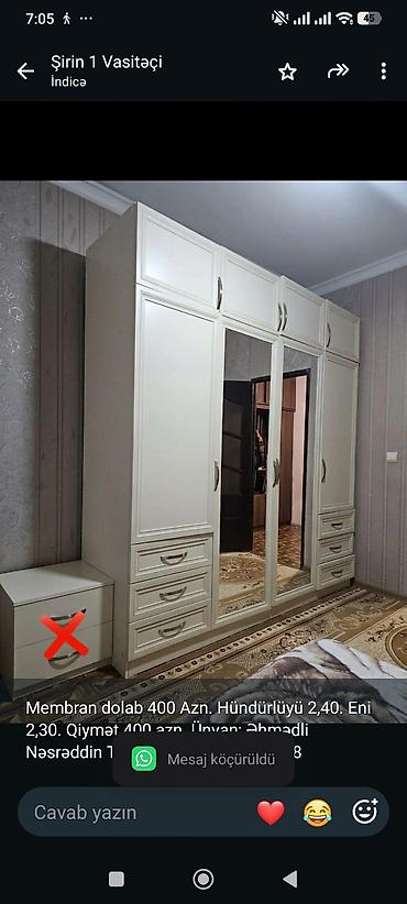 Membran dolab 400 Azn. Hündürlüyü 2,40. Eni 2,30. Qiymət 400 azn