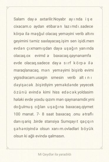 daye axtaranlar: Noyabr ayından etibarən körpə uşağa baxmaq üçün dayə axtarılır