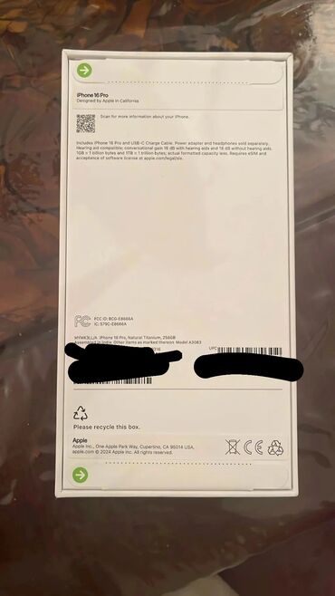 apple qulaqciq: IPhone 16 Pro, 256 GB, Natural Titanium, Simsiz şarj, Face ID, Sənədlərlə