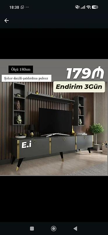TV stendi və asma rəflər dəsti - Ölçü: 180 sm - Rəng/stil: qara-boz