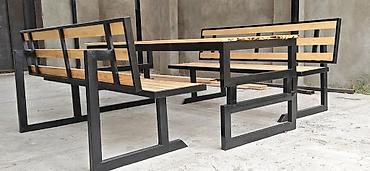 turk tekstil sederek: Metall karkaslı ağac dəst – masa + 2 skamya - Dizayn: Minimalist və — 4