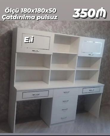 kicik stol: Ağ rəngdə funksional iş/oxu masası və üst rəf modulu. Ölçü: 180 x 180 — 1