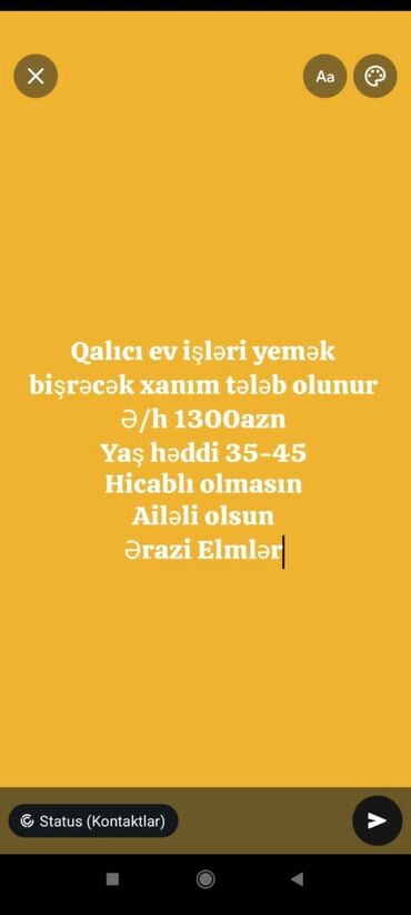 Ev qulluqçuları: Vakansiya: Qalıcı ev işləri və yemək bişirilməsi üçün xanım axtarılır