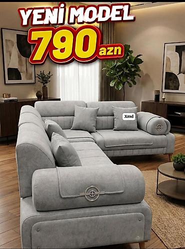 Yeni model L formalı yumşaq künc divan. Açıq boz rəngdə, müasir