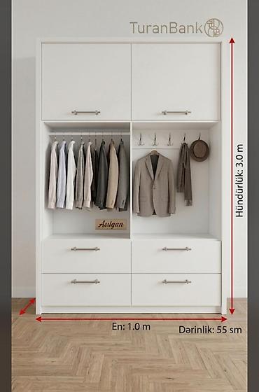 Dolablar: Ağ rəngli qarderob sistemi Ölçülər: - Hündürlük: 3.0 m - En: 1.0 m - — 1
