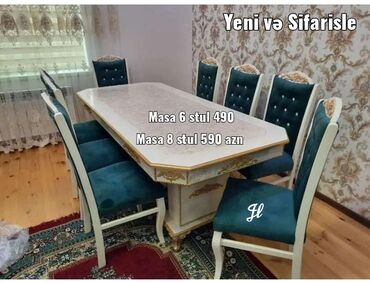 stol ev ucun: Qonaq otağı üçün, Yeni, Dördbucaq masa, 6 stul, Azərbaycan