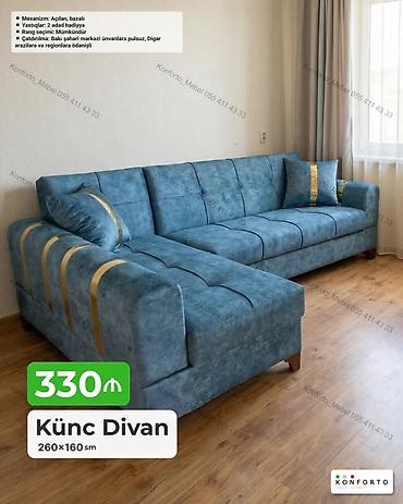 Divanlar: Künc divan – 260×160 sm Xüsusiyyətlər: - Mexanizm: açılan, bazalı — 1