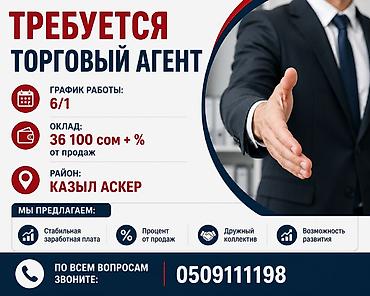 Вакансия: Торговый агент График работы: 6/1 Оклад: 36 100 сом + % от