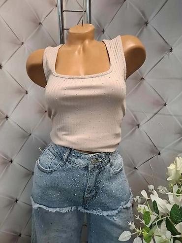 Ženski set: top bez rukava + jeans šorts - Top: rebrasti pamučni