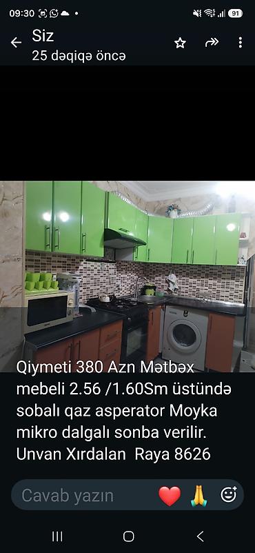 pastel dəstləri: Mətbəx mebeli dəsti - Ölçülər: 2.56 m x 1.60 m - Üstündə: soba ilə qaz — 1