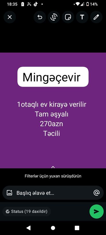 kirayə evler: Mingəçevir şəhərində kirayə təklif olunan bir otaqlı ev. Bu ev