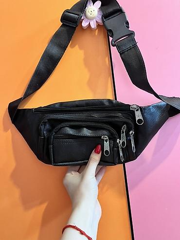 deri çanta: Qara bel/çiyin çantası (unisex) - Material: süni dəri (qara) — 2