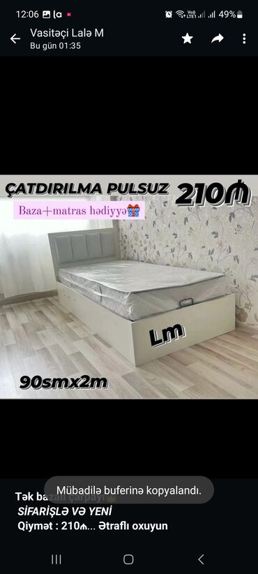 ikinci el carpayı: *Tək bazalı çarpayı*👑 _*SİFARİŞLƏ VƏ YENİ*_ *Qiymət : 210₼* Ölçü 