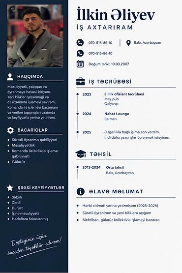 gul magazasi: Ofisiant, Kişi, 20 yaş, 3-5 illik təcrübə — 1