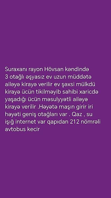 Həyət evləri və villalar: Uzunmüddətli icarə üçün: Suraxanı rayonu, Hövsan kəndində 3 otaqlı — 1