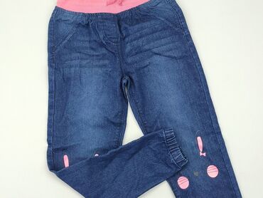jeansy z kokardkami na nogawkach: Spodnie jeansowe, 8 lat, 128, stan - Bardzo dobry
