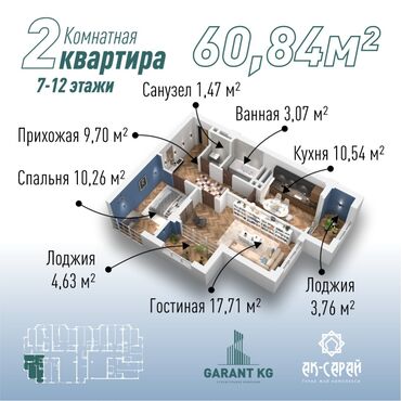 квартиры без первоначального взноса в Кыргызстан | HONDA: Строится, Элитка, 2 комнаты, 60 м²