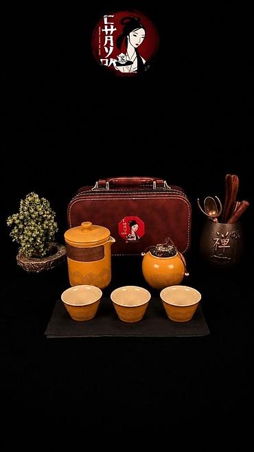 su cen: Çay dəsti, rəng - Narıncı, Keramika, 3 nəfərlik, Yaponiya — 3