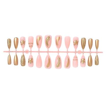 nakit set: Set presovanih (press-on) noktiju – roze baza sa zlatnim 3D detaljima — 2