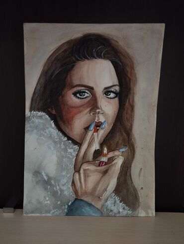Şəkillər, tablolar: Lana Del Rey sulu boya ilə A3 vərəqinə çəkilmiş portreti 🖌️🎨