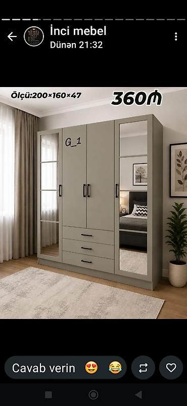 G_1 model geyim dolabı - Ölçü: 200 × 160 × 47 sm (şəkildə göstərilib)