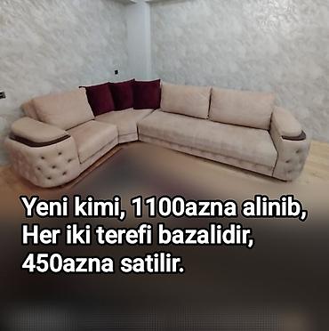 divan sifarisi: L‑şəkilli yumşaq künc divan. Bej rəngli parça üzlük, qəhvəyi dekorativ — 1
