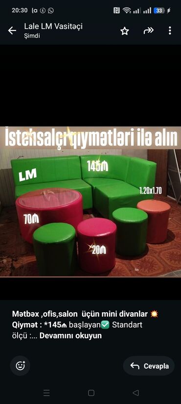 Masa və oturacaq dəstləri: *Mətbəxofis,salon üçün mini divanlar* 💥 *Qiymət : *145₼* başlayan✅