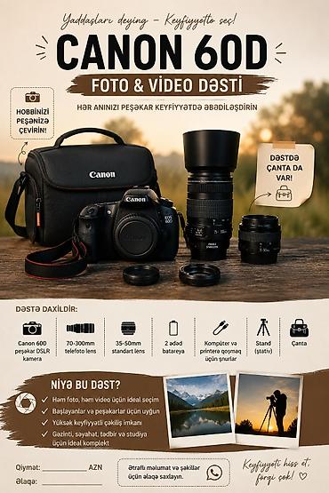 canon 60d: Canon 60D foto-video dəsti Peşəkar çəkiliş üçün tam komplekt. Dəstdə — 1