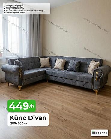 Divanlar: Künc Divan – 280×200 sm - Mexanizm: açılan, bazalı (yataq funksiyası — 1