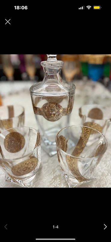 versace servis: Lüks şüşə viski/dekanter dəsti - 1 ədəd qapaqlı dekanter və 6 ədəd — 1