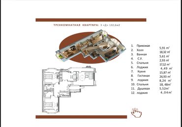 сниму квартиру в кок жар: 3 бөлмө, 132 кв. м, Элитка, 13 кабат, ПСО (өзү оңдоп түзөтүп бүтүү үчүн)